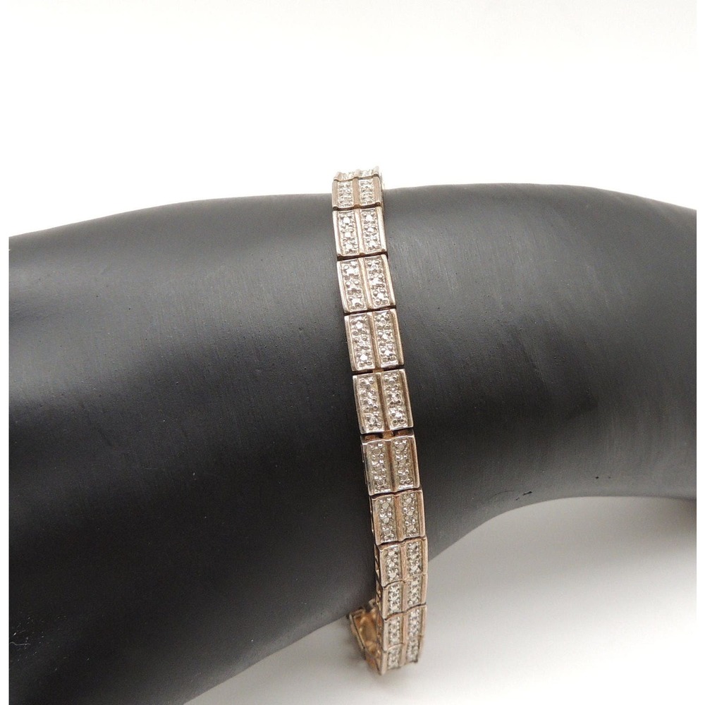 Vintage Sterling Tiny Rhinestone Stacked Rectangular Links Tennis Bracelet